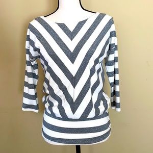 White House Black Market White and Silver Striped V-Neck Top